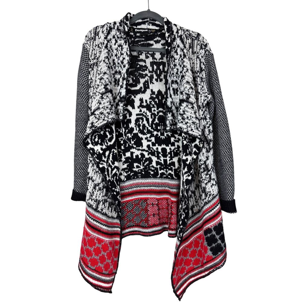 Desigual Womens S Gray Red Black Open Front Cardigan Sweater Boho Aztec Knit